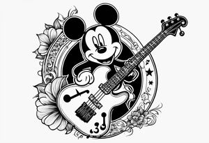 A well balanced tattoo full left arm with the following images: a bass guitar, 2 stars, 1 quarter moon, a caduceus symbol and a mickey mouse tattoo idea