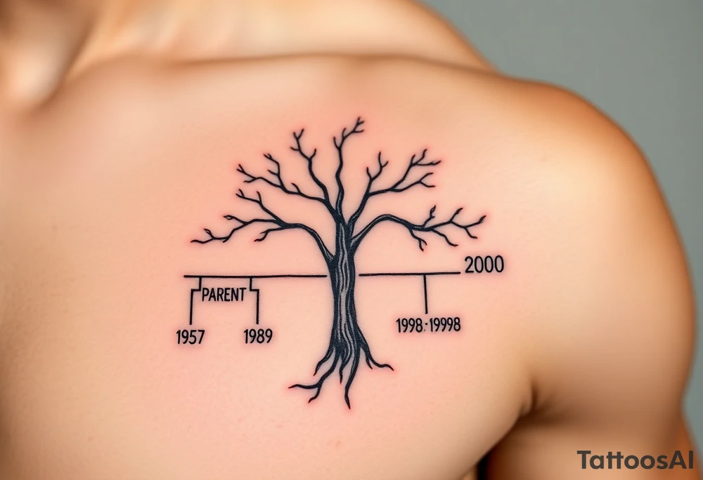 Make a family tree timeline 
With 1 parent year of birth 1957
And 4 kids 1980,1989,1998,2000 tattoo idea