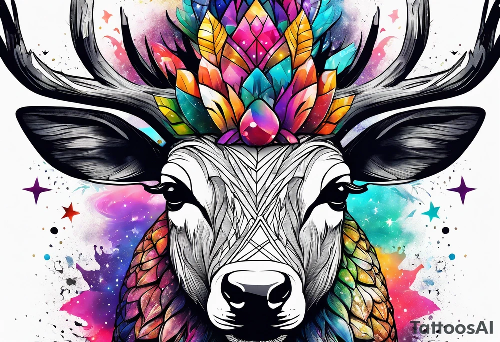 Stag in Amsterdam featuring colours of the universe and galaxies and amsterdam in the shape of a pineapple tattoo idea