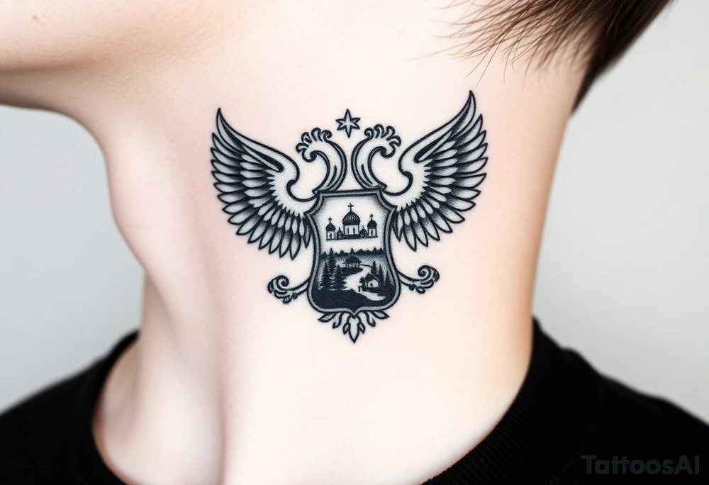 Traditional authentic Russian coat of arms with double headed eagle & a well shaded Christian orthodox virgin marry crest in the middle with silhouette of a lake in a Russian wilderness Christian orthodoxy dome church village setting on the side of my neck tattoo idea