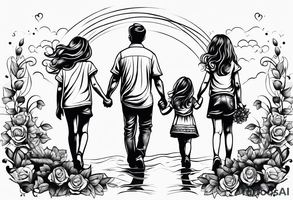 Three  Little girls and  dad and holding hands tattoo idea