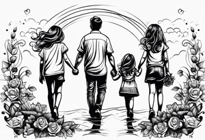 Three  Little girls and  dad and holding hands tattoo idea