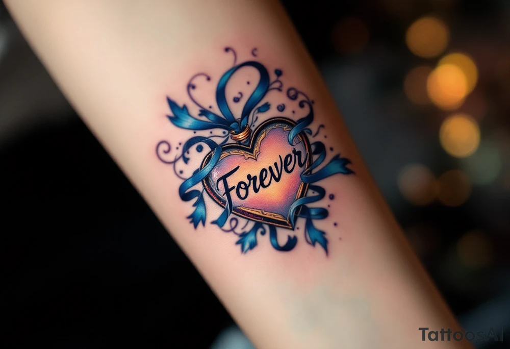 "Forever" written in blue ribbon script, swirling around a heart-shaped locket. tattoo idea