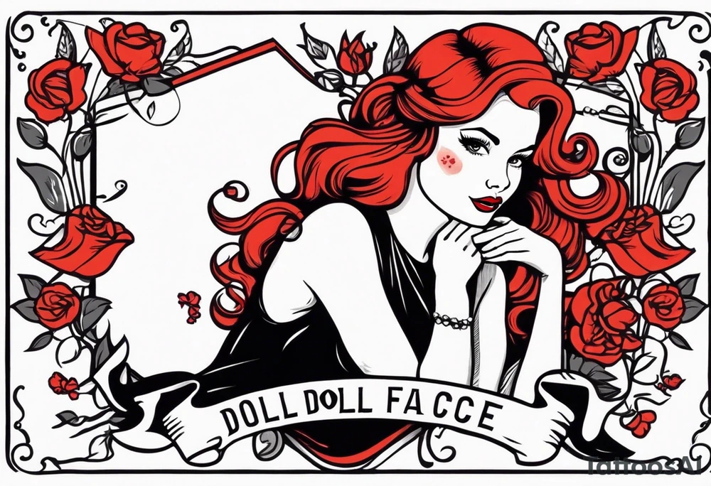 red head pin up girl wearing a black dress sitting in a sexy pose with a banner and flowers winding around her that says doll face tattoo idea