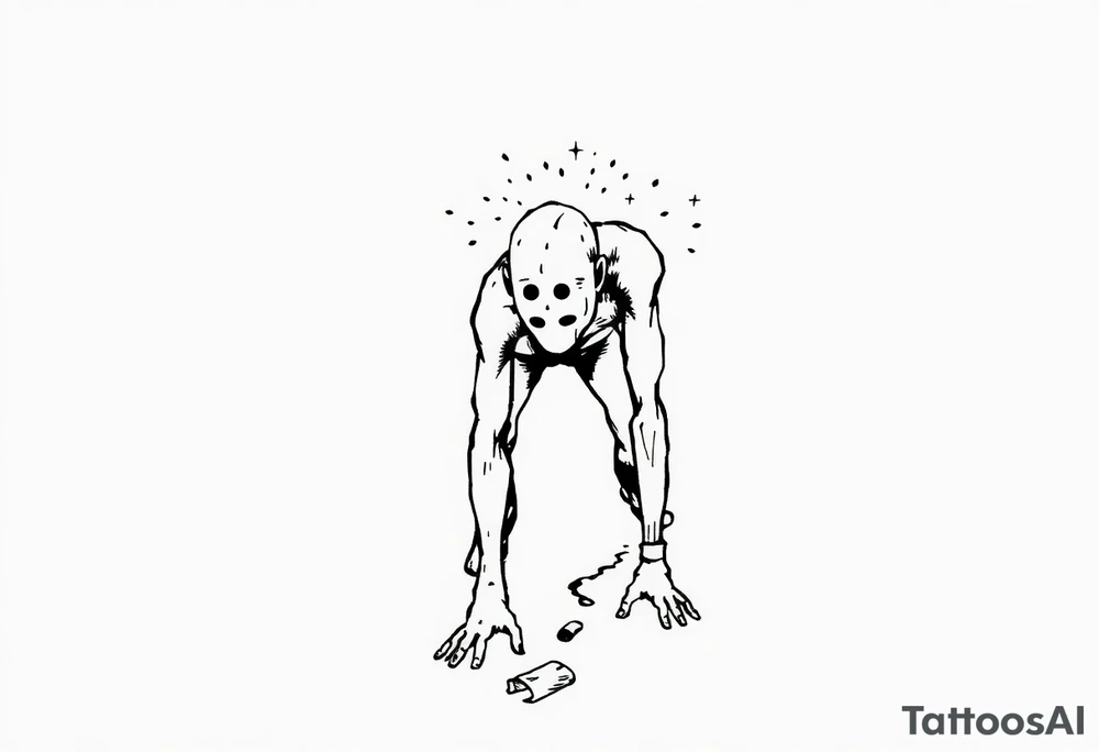 Everything everywhere all at once :Confusion and pressure in thin lines solo traveler with no face with his body parts left on the path behind him he’s crawling tattoo idea
