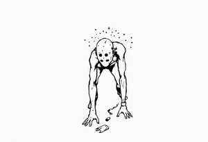 Everything everywhere all at once :Confusion and pressure in thin lines solo traveler with no face with his body parts left on the path behind him he’s crawling tattoo idea