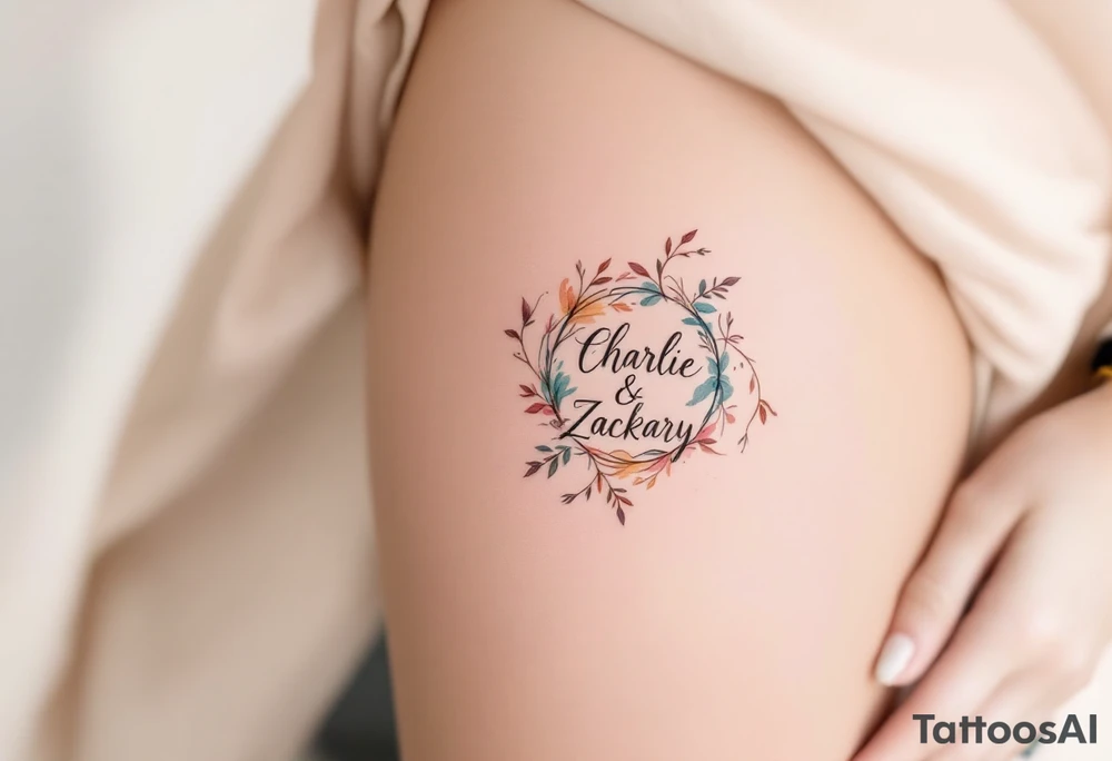 Create a delicate tattoo design that seamlessly integrates the names "Charlie" and "Zackary" in graceful, flowing cursive. Enclose the names within a softly stylized symbol that embodies strength and unity . The overall design should evoke warmth and protection while remaining refined and understated tattoo idea