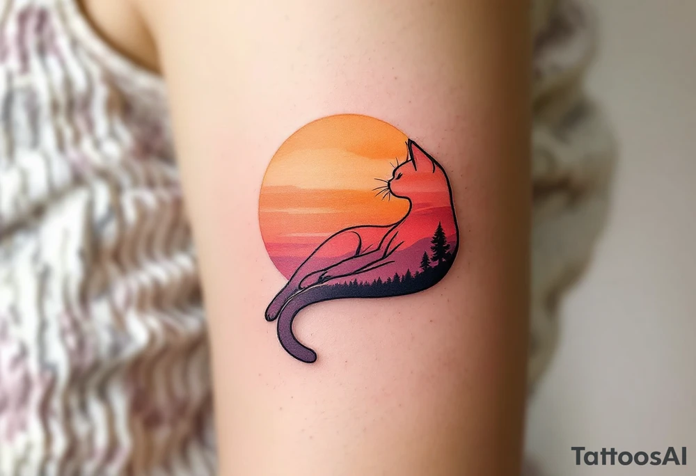 Sunset Cat Silhouette – A lounging cat shape filled with a smooth gradient of orange, coral, and dusky pink like a sunset sky. tattoo idea