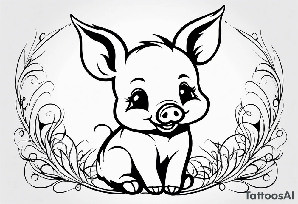 very cute happy piglet with small ears.
outline only.
black and white only.
only show the piglet. no extra lines or decoration.
no black shading.
draw only with very thin lines (1px)

should look like a tattoo that will only take 2 minutes to draw tattoo idea
