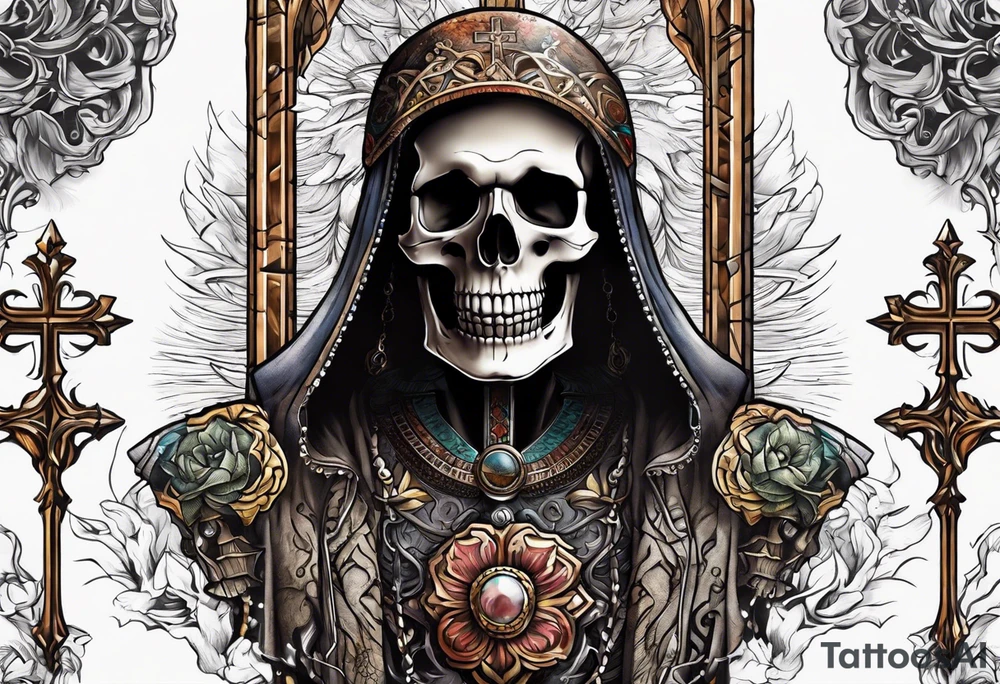skeleton walking towards a cross in a desert tattoo idea