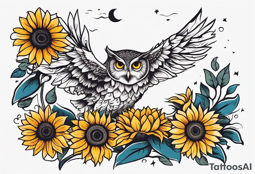 Owl with sunflowers leg sleeve tattoo idea