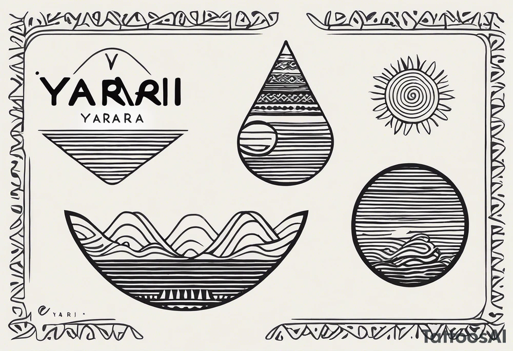 a simple easily drawn logo for a bikini brand called Yaraí. In Tupi, an indigenous language of Brazil, "Yaraí" translates to "lively waters."
 Simple logo and unique design symbolizing the meaning "lively waters" . Spiral included in the logo tattoo idea
