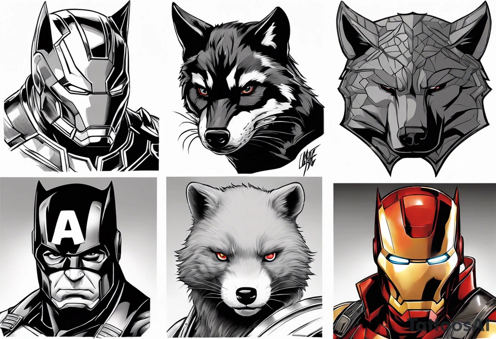I want to change Avengers Team characters with animals. Hulk will be Badger, Thor will be Alpha Grey Wolf, Captain America will be Bull, Iron Man will be Canary, Black Widow will be Axolotl, Hawk Eye will be Sudan Plated Lizard and Nick Fury will be Cat. tattoo idea