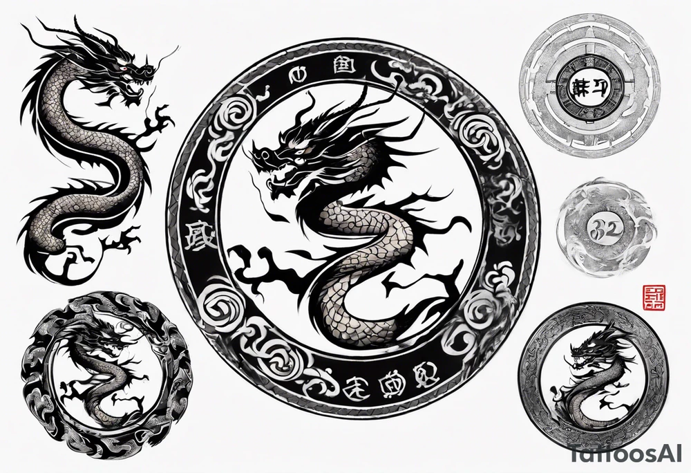Chinese dragon in a circular shape with "02.03" written on its skin tattoo idea