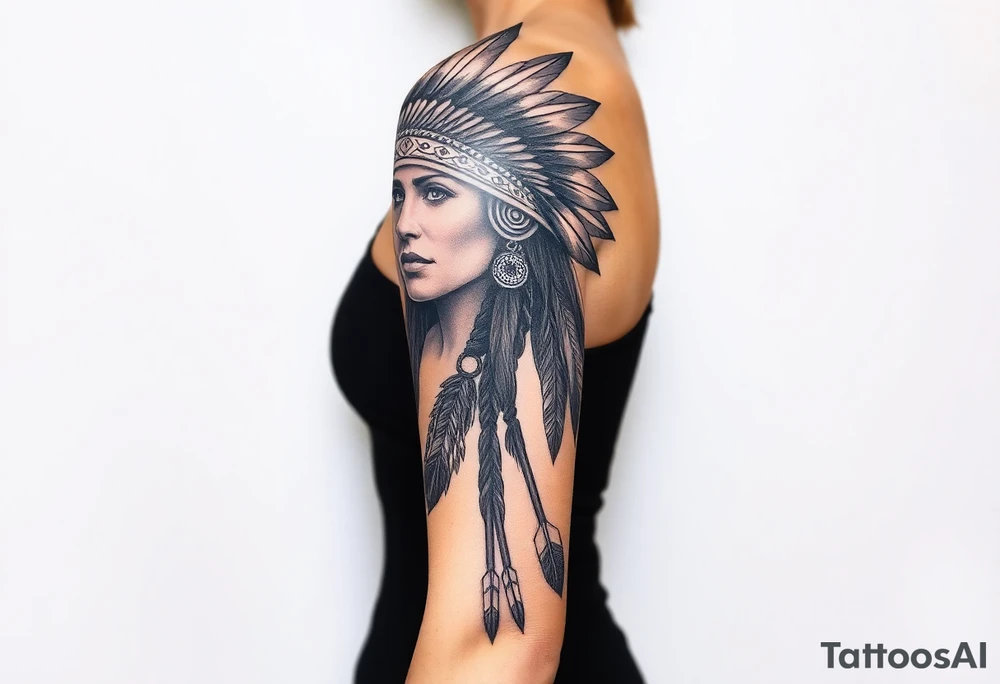 Native American warrior with head dress and arrows tattoo idea