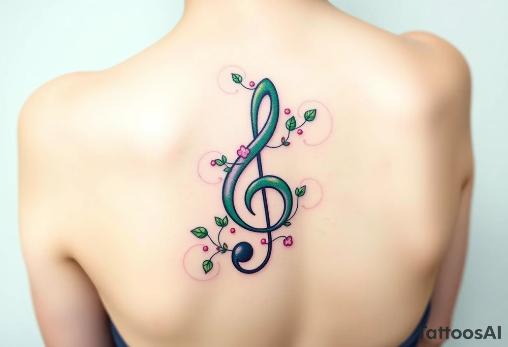 treble clef with vines growing around it, in shades of green, light pink, and soft purple tattoo idea