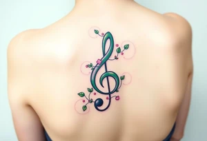 treble clef with vines growing around it, in shades of green, light pink, and soft purple tattoo idea