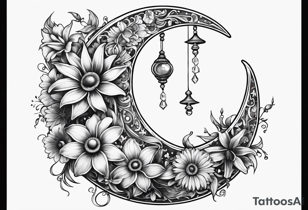 Crescent moon with daisy's, lily’s, crystals, and mushrooms tattoo idea