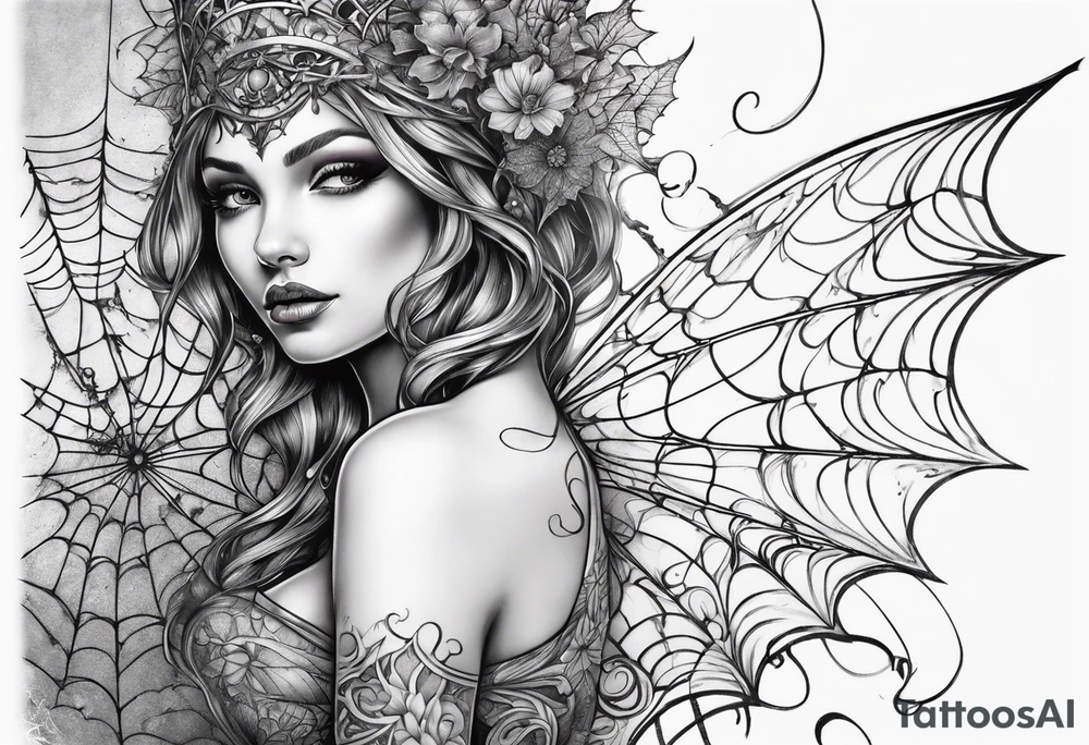 Fairy with bottom half of body wrapped up by spider web tattoo idea