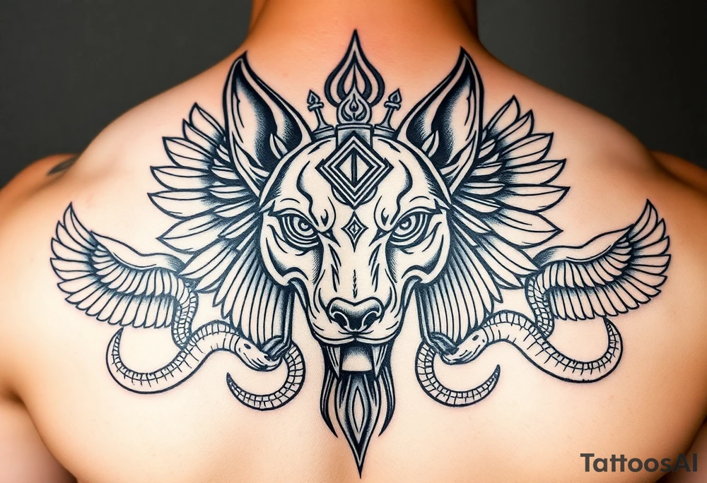 Egyptian Anubis god face muscle in Egypt style dog face surrounded Egyptian symbols and snakes tattoo idea