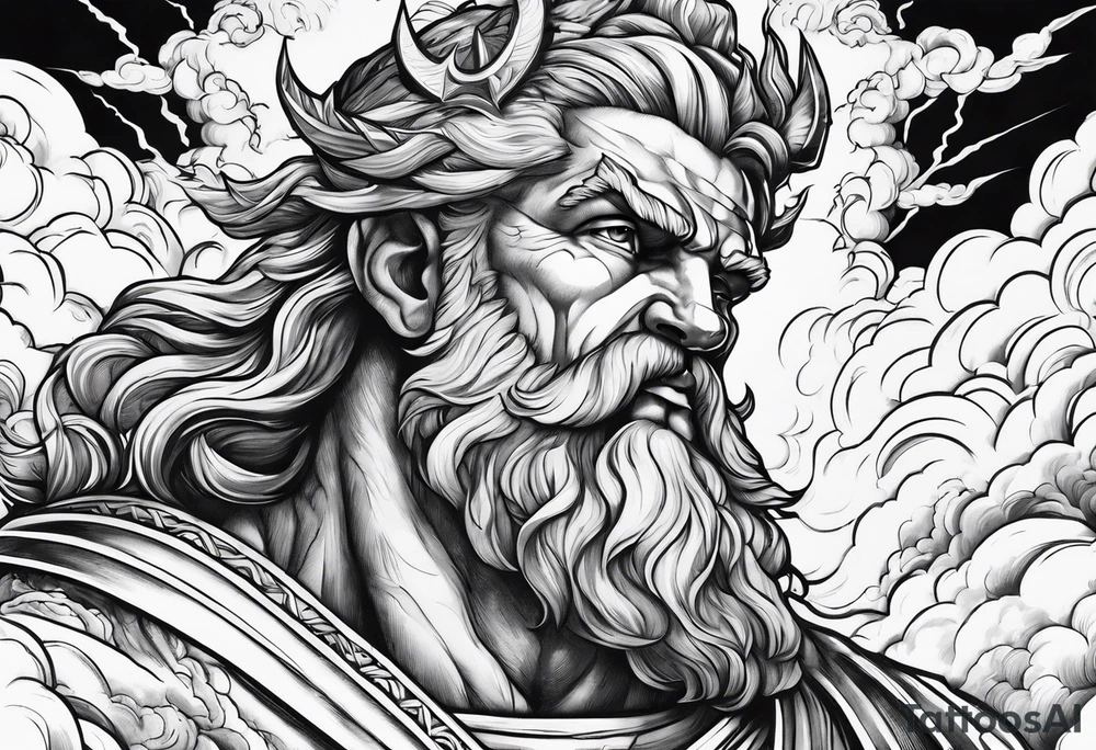 Zeus with a lightning bolt on clouds and Hades in hell below tattoo idea Zeus with a lightning bolt on clouds and Hades in hell below tattoo idea