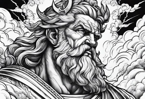 Zeus with a lightning bolt on clouds and Hades in hell below tattoo idea