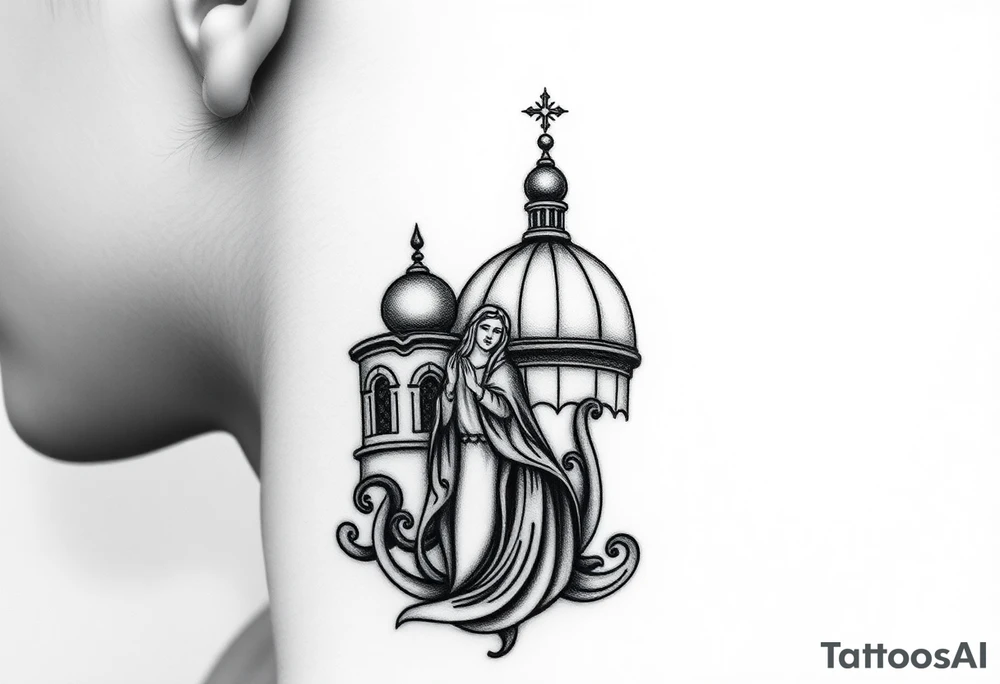 Flowing Scene

A single onion dome rising up toward the ear
Virgin Mary in prayer pose wrapping around the lower neck curve
A small eagle or just the star tucked above the dome near the hairline tattoo idea