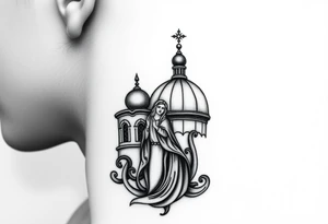 Flowing Scene

A single onion dome rising up toward the ear
Virgin Mary in prayer pose wrapping around the lower neck curve
A small eagle or just the star tucked above the dome near the hairline tattoo idea