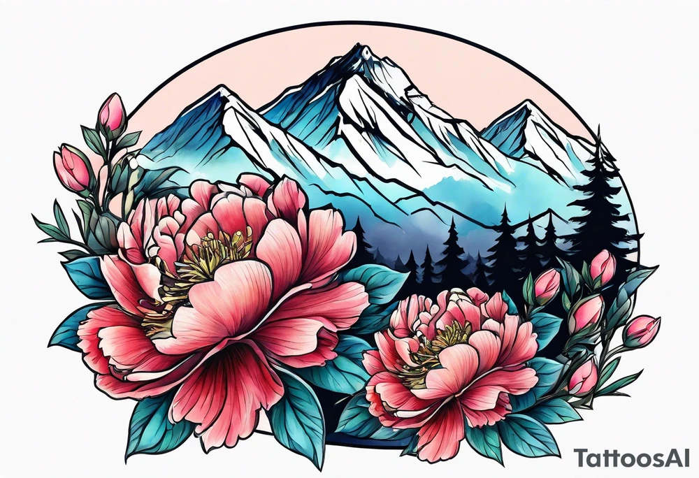 Mountains and peonies tattoo idea