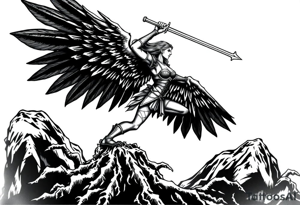A fierce looking Valkyrie with very big dark wings. The whole body with legs should be visible.
She has armor.
She is flying towards the right, sword held high

She is screaming.
She is standing on roots tattoo idea