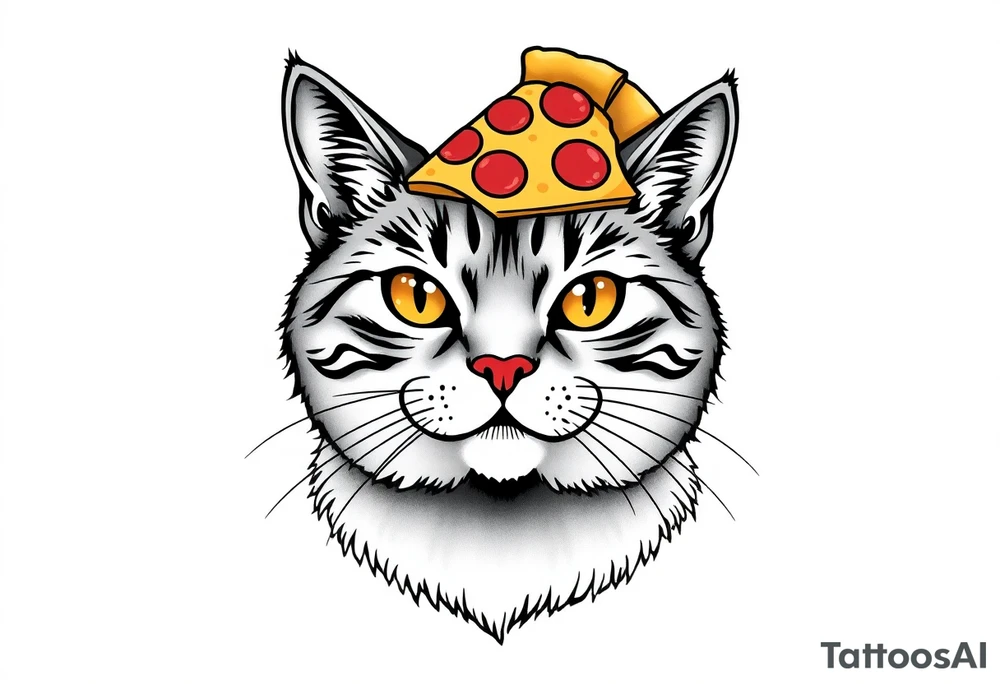 fat grey tabby cat portrait with chessy pizza slice on its head tattoo idea