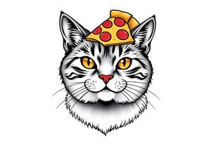 fat grey tabby cat portrait with chessy pizza slice on its head tattoo idea