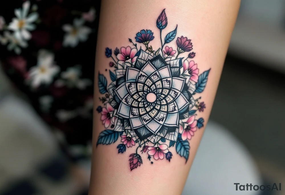 A delicate, intricate mandala placed in a circle surrounded by soft, flowing flowers, symbolizing harmony, balance, and femininity. tattoo idea