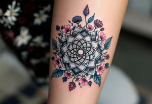 A delicate, intricate mandala placed in a circle surrounded by soft, flowing flowers, symbolizing harmony, balance, and femininity. tattoo idea