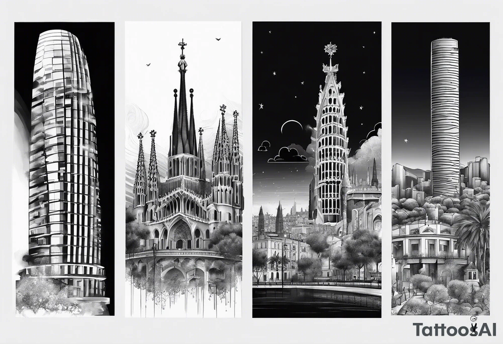 Barcelona skyline leg sleeve tattoo idea