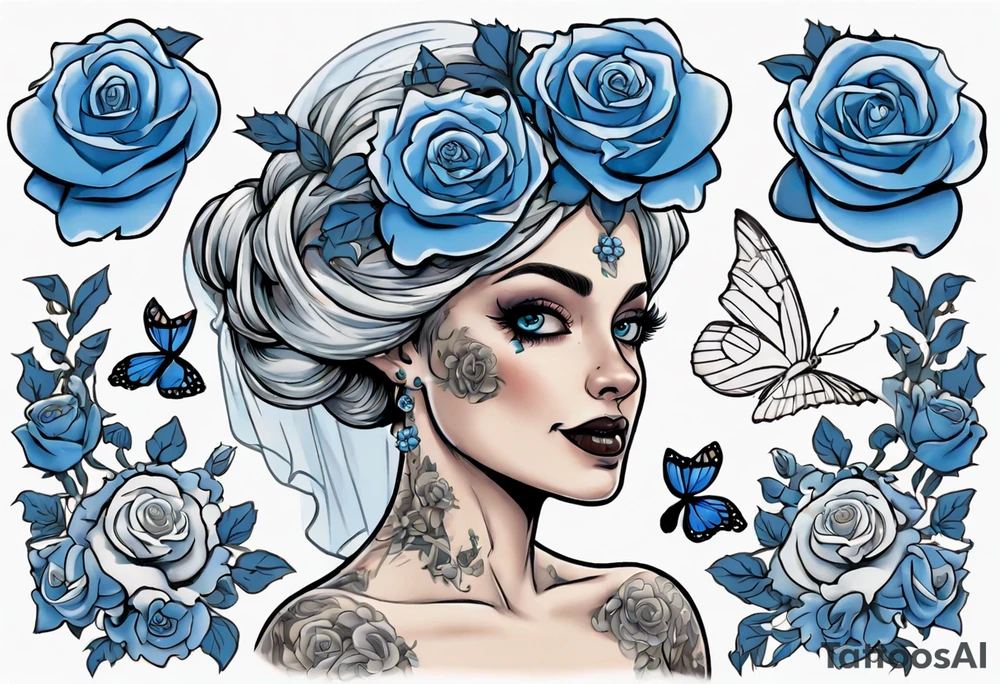 character Emily from the film corps bride. she is wearing a wedding dress. the vail on her head. she is holding a bouquet of blue roses in the middle of the bouquet  there is one white daisy. there is one blue butterfly flying around her. A full moon on the background. tattoo idea
