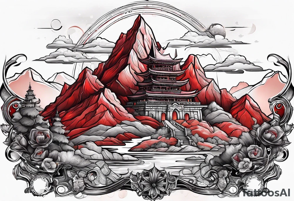 red mountains which there are two fantasies castles. tattoo idea