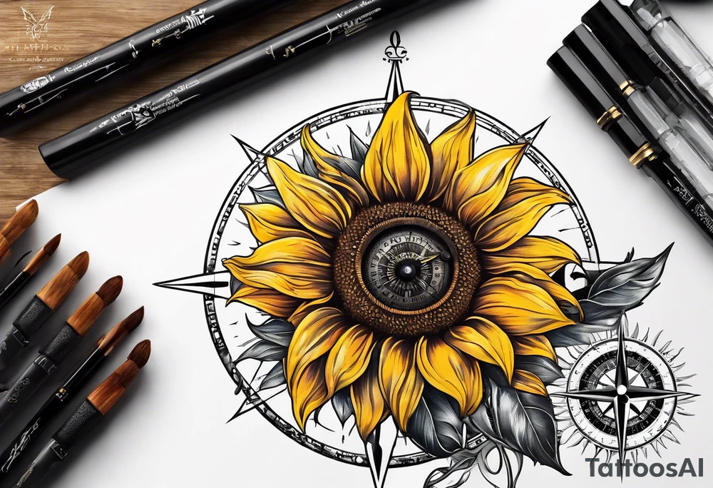 Sunflower next to a compass tattoo idea