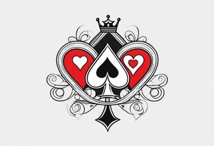 one combined tatto in minimalistic style with icon style three king of spades and icon style one queen of hearts. extreme minimalstic and few lines. much more minimalistic and fewer lines tattoo idea