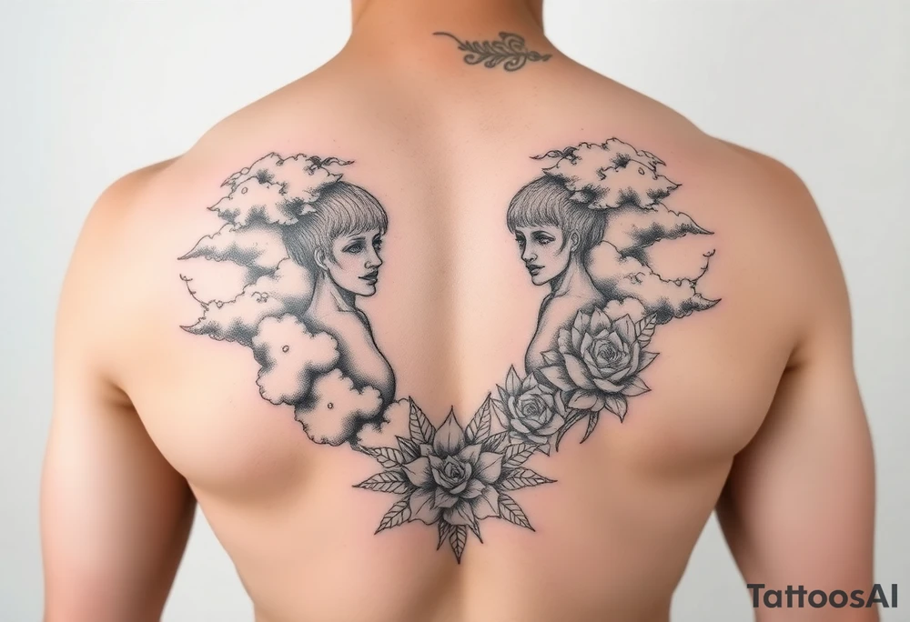 Sexy naked seven deadly sins with clouds and floral tattoo idea