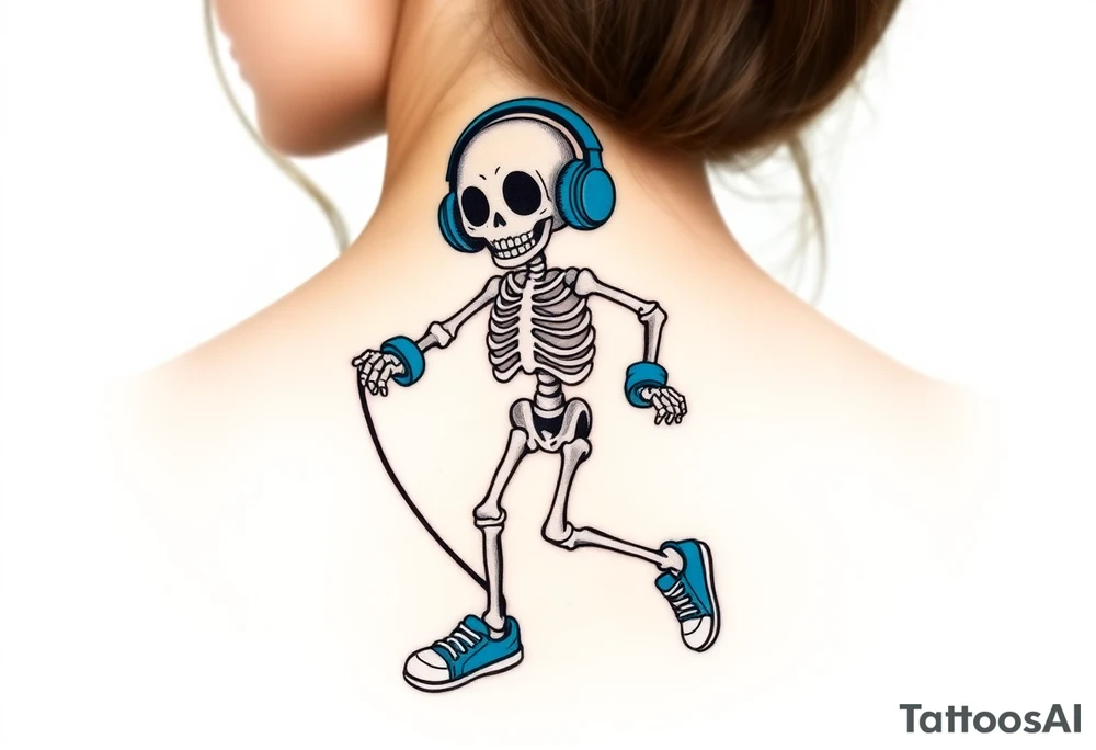 Cute smiling skeleton jumping on a jump rope with blue headphone and blue tennis shoes and blue armbands with nice  music notes on the headphones tattoo idea