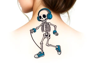 Cute smiling skeleton jumping on a jump rope with blue headphone and blue tennis shoes and blue armbands with nice  music notes on the headphones tattoo idea