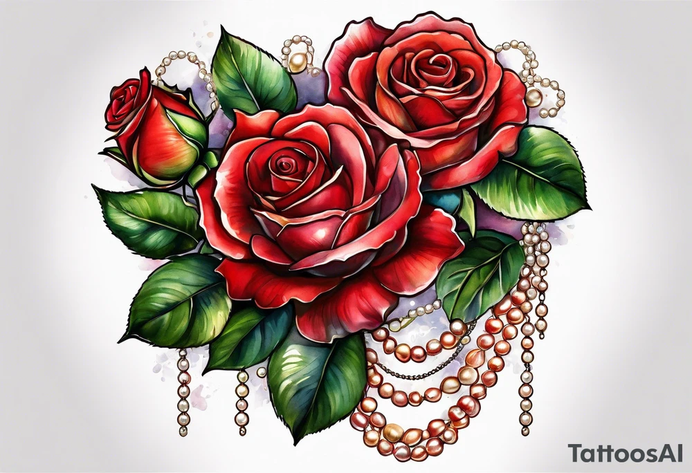Red roses with a chain of pearls and seashells tattoo idea