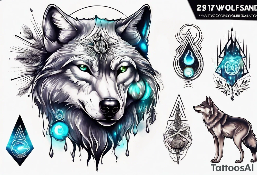 A wolf with a glowing pineal gland and spiritual symbolism tattoo idea