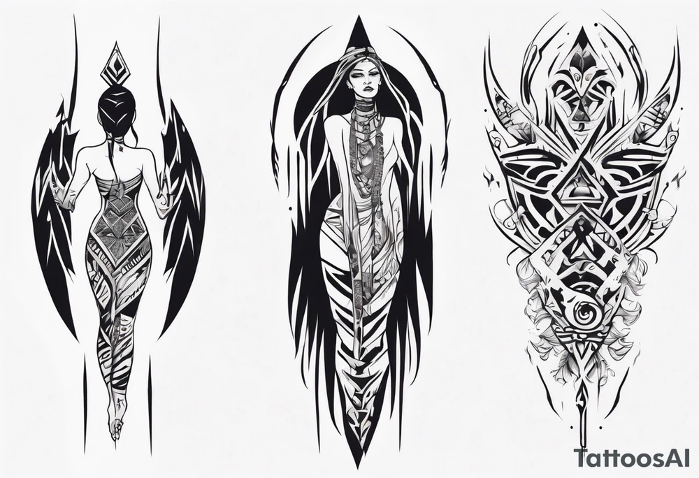 a neotribal spine tattoo that includes a woman floating tattoo idea