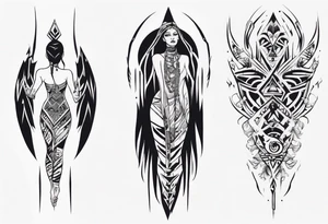 a neotribal spine tattoo that includes a woman floating tattoo idea