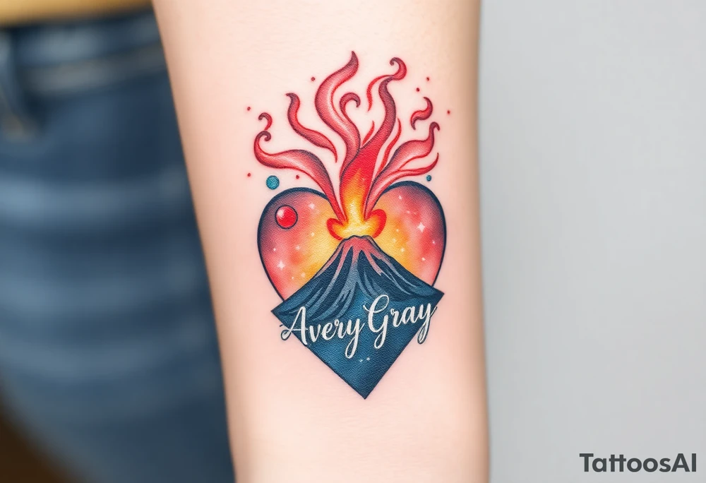 Female Geometric Volcano tattoo erupting in a heart with text Avery Gray tattoo idea