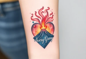 Female Geometric Volcano tattoo erupting in a heart with text Avery Gray tattoo idea