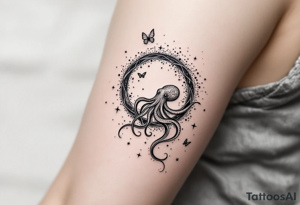 A minimalist dotwork tattoo design in the shape of a spiral galaxy. In the center, a small octopus is subtly integrated into the swirl, with flowing tentacles that extend along the spiral arms. The tentacles transform into elegant, curving lines resembling the flowing tails of koi or betta fish, partially in black ink and partially in fine red lines. Small stars are scattered throughout the galaxy shape, and two delicate butterflies hover near the edges. Style: cosmic abstraction, dotwork, fine line, with elements of Japanese graphic tattoo flow, minimalist octopus psychedelic dotwork sacred geometry sleeve tattoo idea