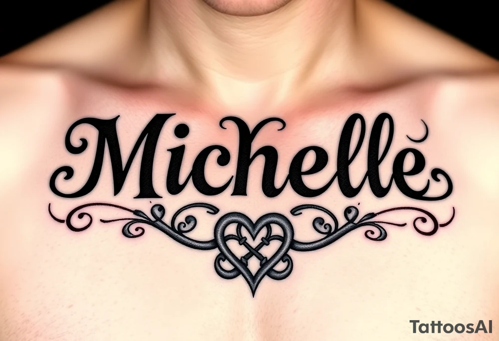 Design a tattoo for a man’s chest of a woman’s name (Michelle). Incorporate a Celtic knot and subtle heart tattoo idea